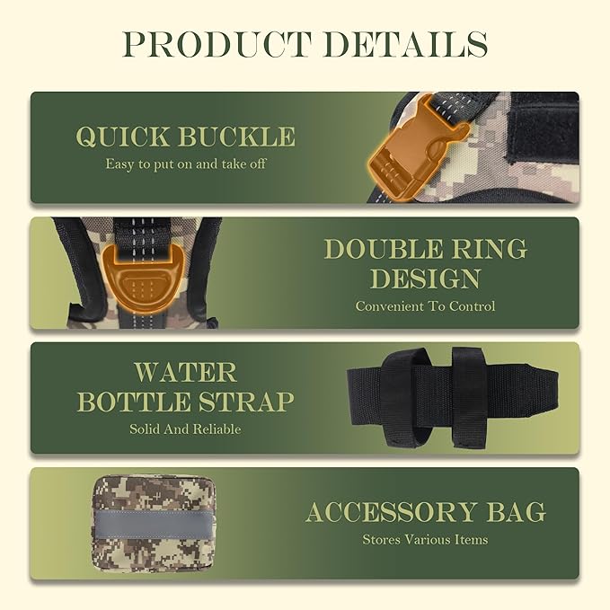 Tactical Dog Harness, Heavy Duty Dog Harness,Adjustable Breathable Pet Harness with MOLLE Panel, Small Pouch, and Bottle Holder,for Small Dogs, Camouflage S