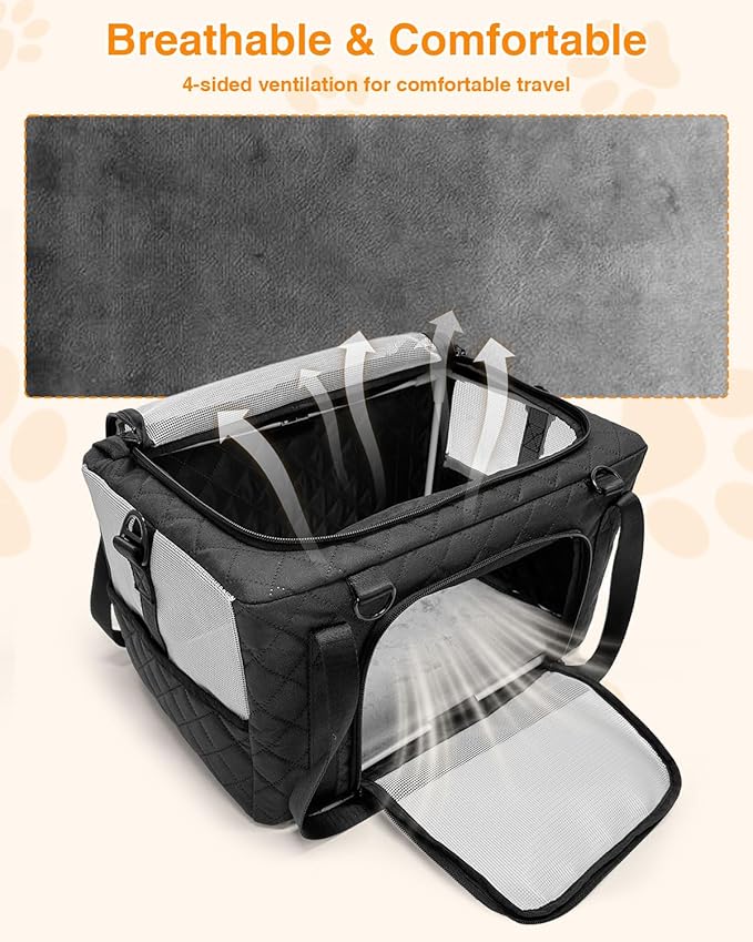 PETUX Collapsible Airline Approved Cat Carrier - 16" x 10" x 9.5", Double Anti-Escape, Small Pet Travel Bag for Small Cats Under 10 lb with Removable Snack Bag, Safety Buckle ＆ Leash - Black