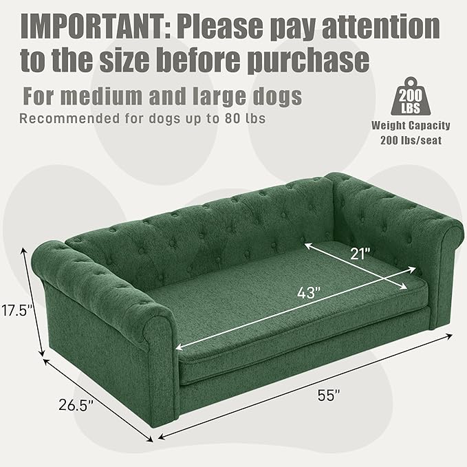 Dog Sofa Couch for Medium to Large Dogs, 55" Memory Foam Pet Sofa Couch with Washable Fabric, Durable Elevated Dog Bed with Legs, Removable Cushion for Medium and Large Dogs, Green