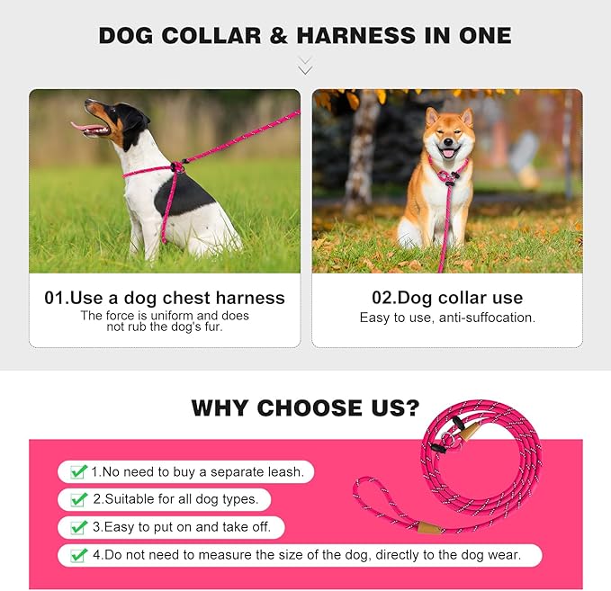 Lynxking No Pull Rope Dog Harness No Pull Reflective Leash Harness Collar 3 in 1 Dog Halter Harnesses Adjustable for Large Giant Dog (Pink, Small 3/8 inch)