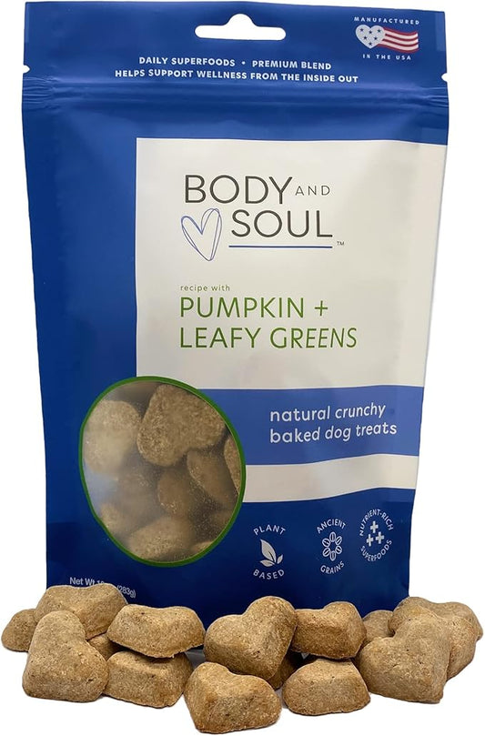 Body and Soul Pumpkin + Leafy Greens Crunchy Dog Treats – Superfood Biscuits Baked with Oats, Barley & Quinoa – All-Natural Plant Based Clean Protein, No Additives or Fillers – Made in USA, 10oz