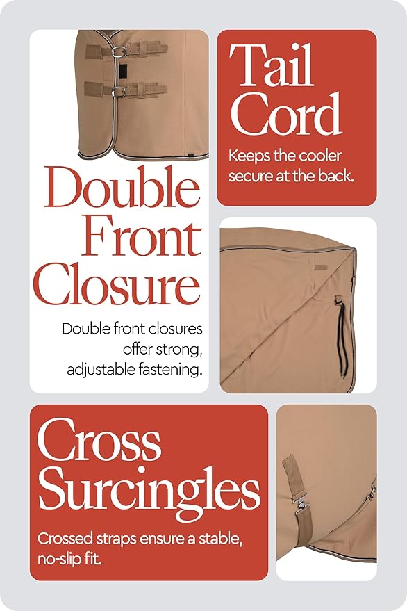 HORZE Kiel Fleece Horse Cooler Blanket | Quick-Dry Fleece Horse Cooler Sheet with X-Surcingles & Tail Cord - Tan - 69 in