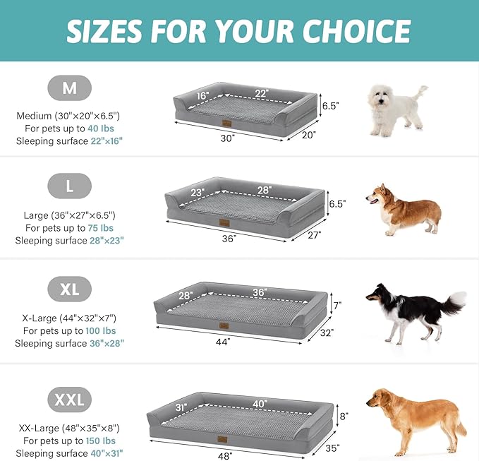 Orthopedic Dog Bed for Medium Size Dogs, Bolster Pet Couch with Waterproof Lining, Egg Crate Foam Sofa for Pets Up to 30 lbs, U-Shaped, 30x20x6.5 inch, Grey
