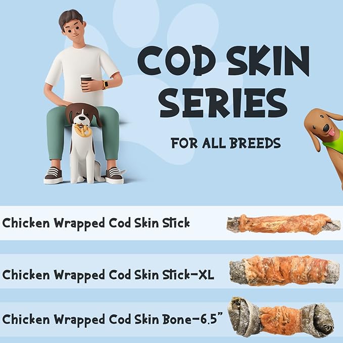 ASMPET Dog Cod Skin Treats, Chicken Wrapped Cod Skin Sticks, Rawhide Free Dog Treats Chews Bones