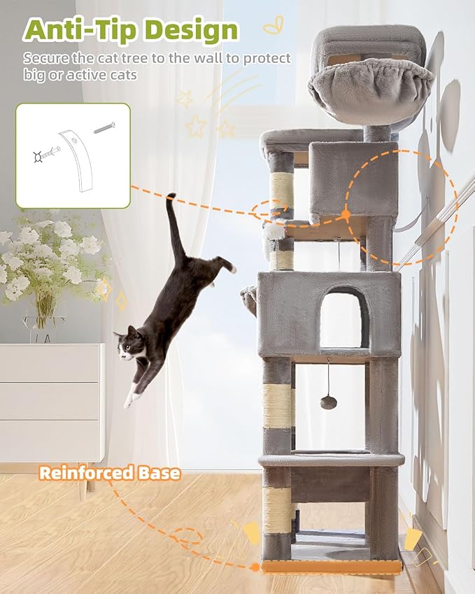 Taoqimiao Tall Cat Tree, 76-Inch Cat Tower with Scratching Posts，Sturdy Cat tree for Indoor Cats Large Adult with 2 Condos, 2 Perches, 2 Hanging Baskets, Hammock, 8 Scratching Posts, MS046W Light Gray
