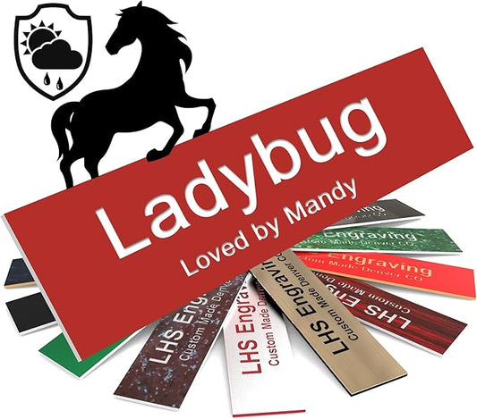 Personalized Horse Stall Name Plates, 2x10 Horse Stall Signs with Adhesive, All Weather UV Protected, Red Plastic White Letters - Made in USA - B7