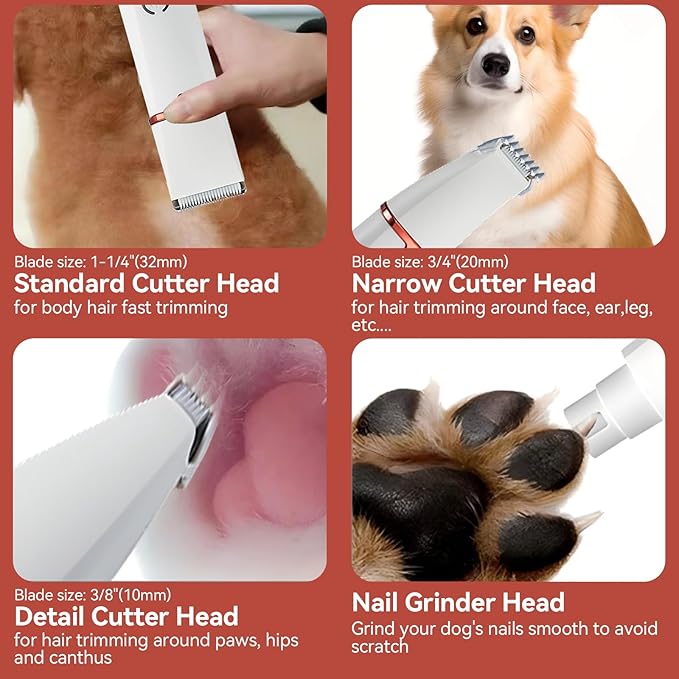 POPET 4-in-1 Cordless Dog Grooming Kit – 2-Speed Clippers, Low-Noise Paw Trimmer & Rechargeable Nail Grinder for Dogs & Cats