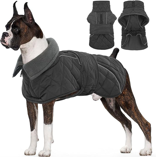 Kuoser Extra Warm Dog Coat, Windproof Cold Weather Dog Jackets for Large Dogs, Thick Fleece Lining Pet Turtleneck Snowsuit Reflective Adjustable Puppy Winter Coat Doggie Snow Jacket Grey, XL