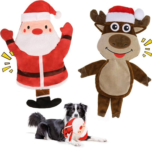 BINGPET Dog Squeaky Toys, 2 Pack No Stuffing Christmas Dog Toys, Reindeer & Santa Interactive Plush with Squeaky Ball and Crinkle Paper, Durable Holiday Fun for Small Medium Large Dogs