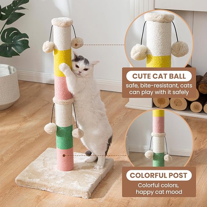 LUCKITTY 30 Inch High Cat Scratching Post with 4 Plush Teasing Toy Balls, Natural Sisal Rope Post and Thickened Base, Red Green Yellow White