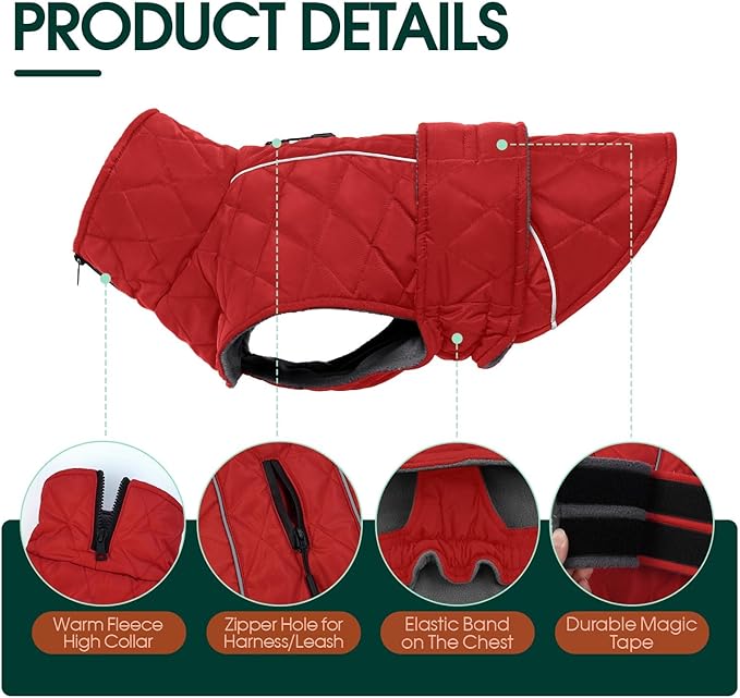 Kuoser Extra Warm Dog Coat, Windproof Cold Weather Dog Jackets for Large Dogs, Thick Fleece Lining Pet Turtleneck Snowsuit Reflective Adjustable Puppy Winter Coat Doggie Snow Jacket Red, XL