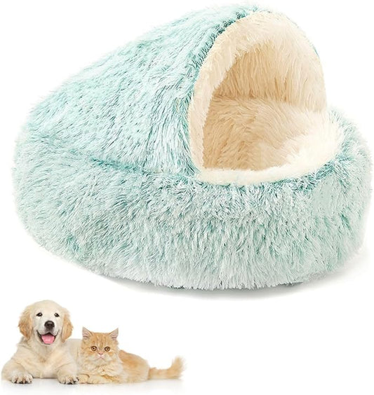 Plush Fluffy Dog and Cats Round Bed – Ultra-Soft Faux Fur Pet Shell Nest with Raised Bolster Edge, Self-Warming Calming Nest for Small to Large Pets (Green, X Large（31.5“/<75lbs)