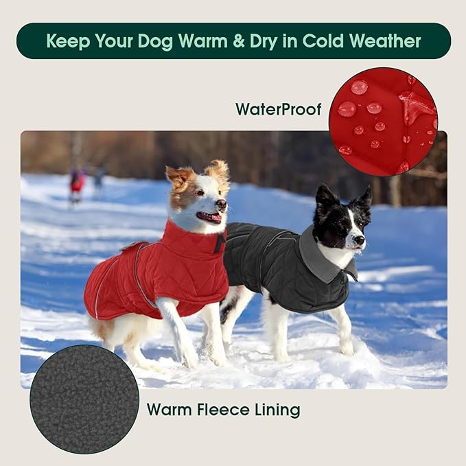 Kuoser Dog Jacket Warm Fleece Lined Dog Coats for Small Dogs, Waterproof Pet Coat Reflective Puppy Snowsuit with Harness Hole for Cold Weather Walking Hiking, Quilted Dogs Winter Vest, Red, S