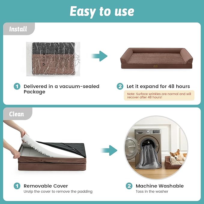 Orthopedic Dog Beds for Large Sized Dog, XL Bolster Pet Couch with Waterproof Lining, Egg Crate Foam Sofa for Pets Up to 100 lbs, U-Shaped, 44x32x7 inch, Brown