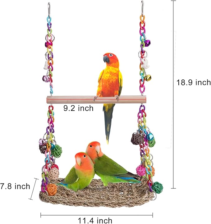 Bird Swing Toys with Wood Perch, Seagrass Woven Parrot Platform Bird Climbing Hanging Hammock Bird Perch Stand Chewing Toy for Parakeets,Budgie, Conure, Cockatiel,Lovebird