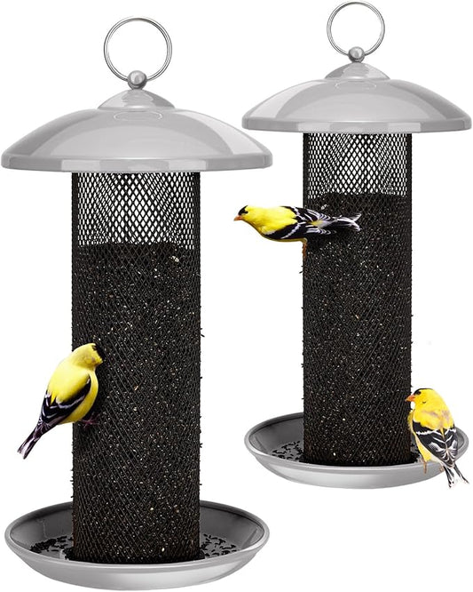 Kingsyard 2 Pack Finch Feeders for Outdoors Hanging, Metal Mesh Tube Bird Feeder for Nyjer/Thistle Seed, 2.5 lbs Large Capacity (Grey)