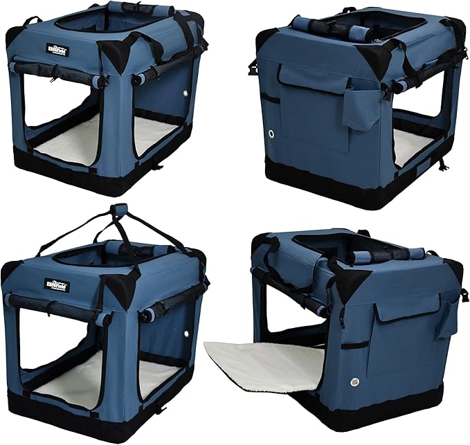 EliteField 4-Door Folding Soft Dog Crate with Curtains, Carrying Bag and Fleece Bed (2 Year Warranty), Indoor & Outdoor Pet Home (42" L x 28" W x 32" H, Blue Gray+4 Door Curtains)