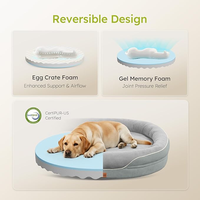 Jumbo Orthopedic Dog Bed, Big Dog Bed for Extra Large Sized Dogs with Full-Surround Bolsters, Dual-Sided Dog Cooling Bed with Memory Foam, Washable Pet Sofa Couch with Nonslip Bottom, Light Grey