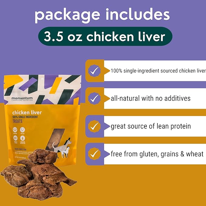 Momentum Carnivore Nutrition Freeze-Dried Chicken Liver Dog Treats – Single-Ingredient, Dog & Cat Treats – High-Protein, Grain-Free– 3.5 oz Bag