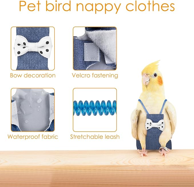 Parrot Clothes, Parrot Diaper Bird Flight Suit, Bird Diaper Harness, Adjustable Parrot Diaper, Washable Bird Diaperk, Bird Parrot Diaper with Elastic Training Rope (1PCS Denim Blue)