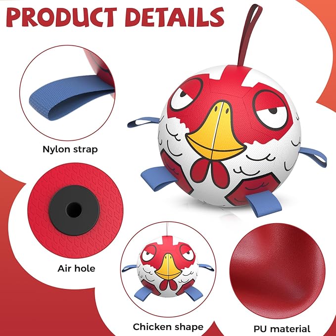 QDAN Dog Balls Toys, Outdoor Dog Toys, Dog Soccer Balls with with Straps, Premium Pet Puppy Birthday Gifts for Small Medium Dogs, 6 Inch, Chicken Ball