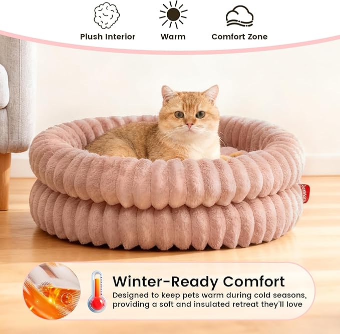 Extra Large Fluffy Cat Beds for Indoor Cats, Washable Round Orthopedic Dog Bed for Small Medium Dogs, Soft Fuzzy Pet Bed with Non-Slip Bottom, Cute Kitten Bed, 27.6x27.6x6.3 in, Dark Pink
