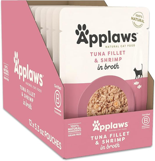 Applaws Natural Wet Cat Food in Broth, Limited and Natural Ingredients, High Protein with No Artificial Additives, Tuna Fillet & Shrimp in Broth (12 x 5.3oz Pouches)