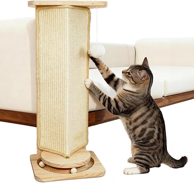 Couch Cat Corner Scratcher with Interactive Ball Toys for Cat, Replaceable Sisal Scratch Pad, Kitten Wall Scratcher for Couch, Wall Furniture Protector 25''