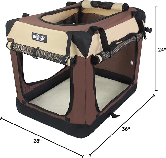 EliteField 4-Door Folding Soft Dog Crate with Curtains, Carrying Bag and Fleece Bed (2 Year Warranty), Indoor & Outdoor Pet Home (36" L x 24" W x 28" H, Brown+Beige)