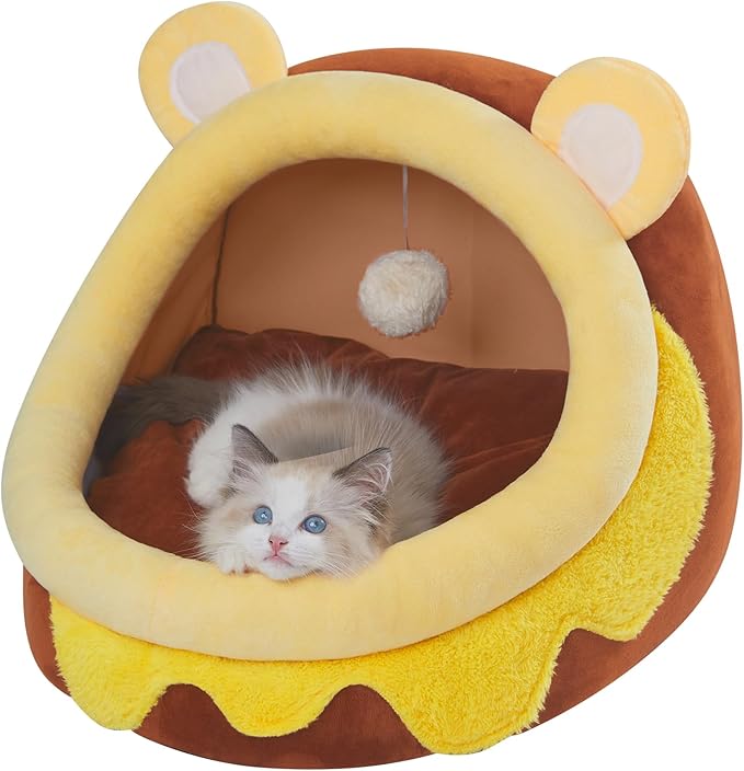 Jiupety Cute Cat Bed for Indoor Cats, Warm Soft Cave Fit for Cat Up to 16 Lb and Puppy, Honeypot, M