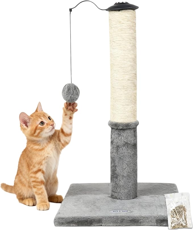 Happi N Pets 22" Cat Scratching Posts for Indoor Cats, Carpet Cat Scratch Post, Sisal Cat Scratcher, Cat Post with Rotatable Hanging Balls & Stable Base, Cat Scratchers for Kittens-Light Gray