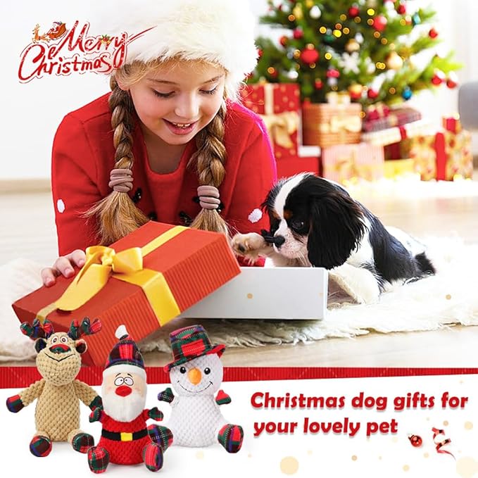 SZEE Christmas Dog Toys, 3 Pack Plush Squeaky Chew Toys for Medium & Big Dogs, Funny Dog Idea, Interactive Pet Playthings for Mental Stimulation - Santa, Reindeer, Snowman