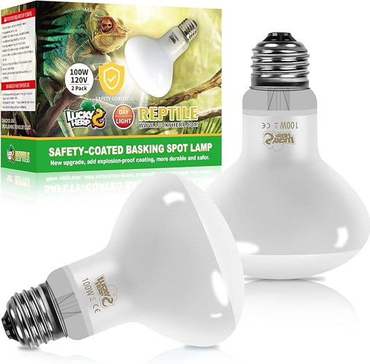 LUCKY HERP New Upgrade 100W Reptile Heat Lamp Bulb (3rd Gen, Safer), Amphibian Basking Spot Light Bulb, UVA Reptile Daylight Bulb for Turtle, Bearded Dragon, Lizard Heating Use (2 Pack)