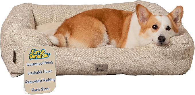Furry's Paradise Cuddler Waterproof Bolster Pet Bed with Recycled Fibers and Non-Slip Bottom. (Beige Weave, Small)