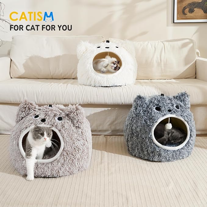 CATISM Cat Bed for Indoor Cats - Cat Bed Cave Washable, Soft Plush, Removable Pillow, Non-Slip Base, Large Cave for Kitty