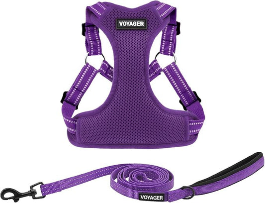 Best Pet Supplies Voyager Mesh Dog Breathable Harness Reflective Stitching, All Weather Adjustable for Walking Training, or Running - Heavy Duty & Durable, Harness Leash Set (Purple), L