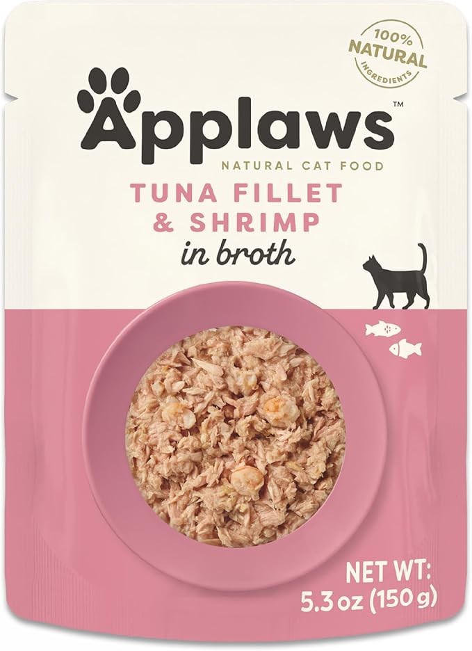 Applaws Natural Wet Cat Food in Broth, Limited and Natural Ingredients, High Protein with No Artificial Additives, Tuna Fillet & Shrimp in Broth (12 x 5.3oz Pouches)
