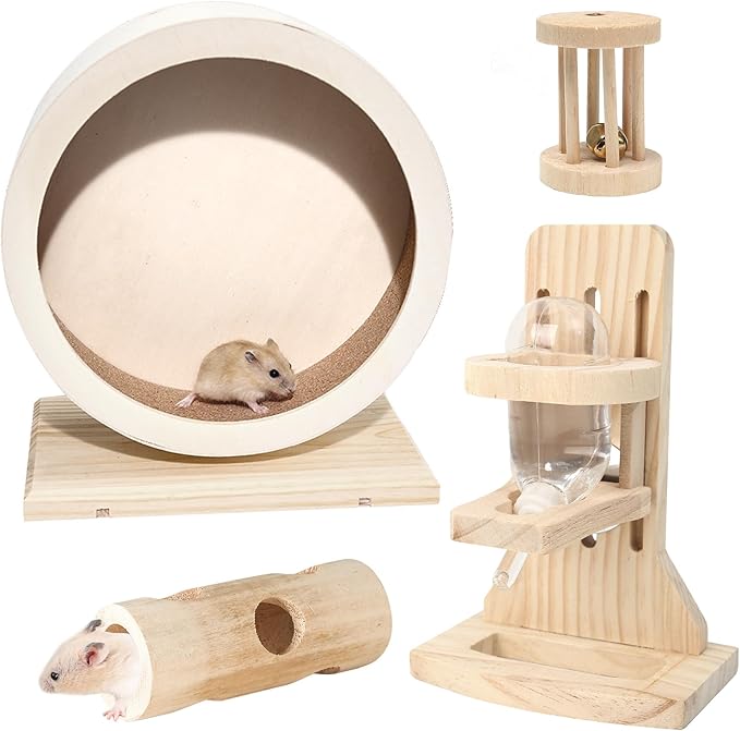 antiai 4 Pack Hamster Wheel Set,8.2Inch Medium Size Slience Quiet Spinner Hamster Running Wheels,Hamster Water Feeder Accessories Chew Toys for Guinea Pig,Gerbils,Mice and Other Small Pets Animal