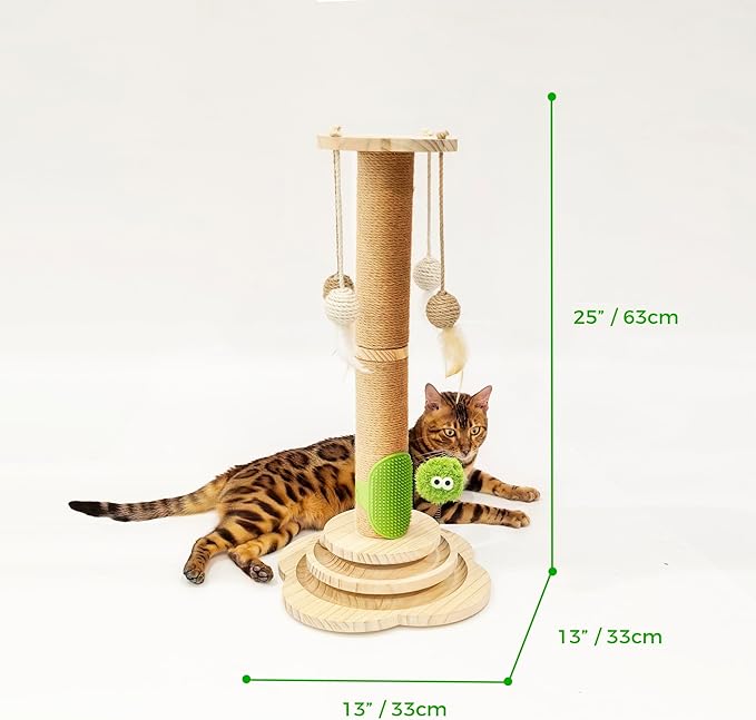 TINYBEAST Wooden Cat Scratching Post, 4 in 1 Cat Scratcher Toy with Cat Ball Tracks, 24.8" Tall Sisal Scratch Post for Indoor Kittens Adult Cats, Interactive Feather Toy and 4 Sisal Hanging Balls