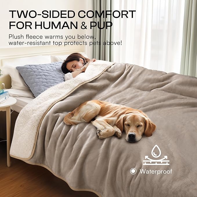 Luciphia Waterproof Pet Blanket, Liquid Pee Proof Dog Blanket for Sofa Bed Couch, Reversible Sherpa Fleece Furniture Protector Cover for Small Medium Large Dogs Cats, Khaki+Beige Large（65" x 57"）