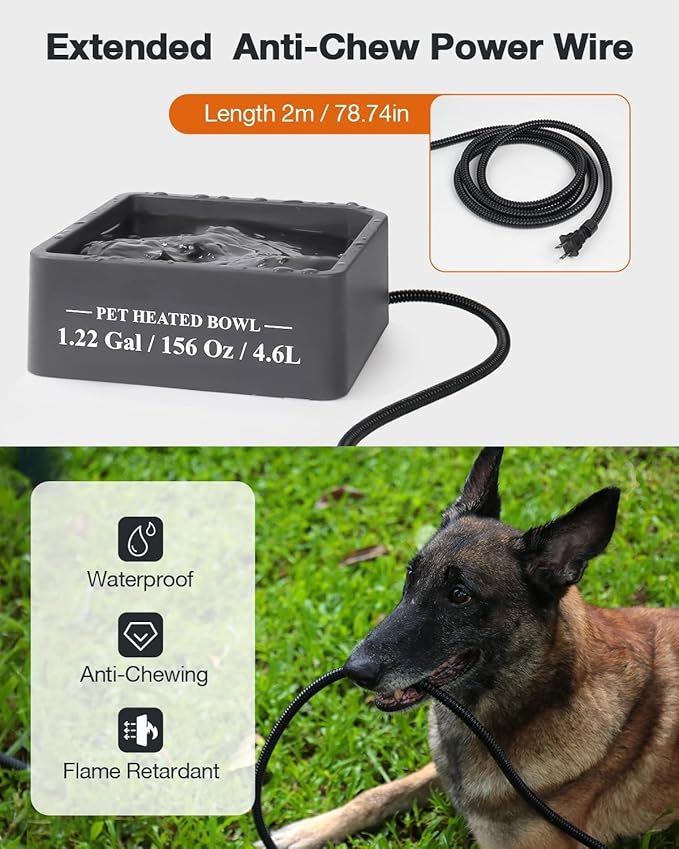 Clawsable Large Heated Dog Bowl for Outdoor Dogs Cats, Heated Water Pet Dish with 78.4" Chewproof Cord, Water Thermal-Bowl for Rabbit, Chicken, Squirrel (Light Gray, 155Oz)