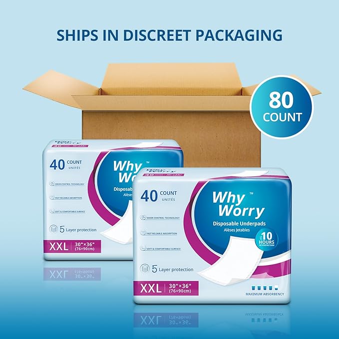 WhyWorry Extra Large Disposable Bed Pads 30" x 36", Super Absorbent Leakproof Incontinence Underpads for Surface Protection, Quilted Chucks Pee Pads for Adults and Babies, 80 Count (2 Packs of 40)