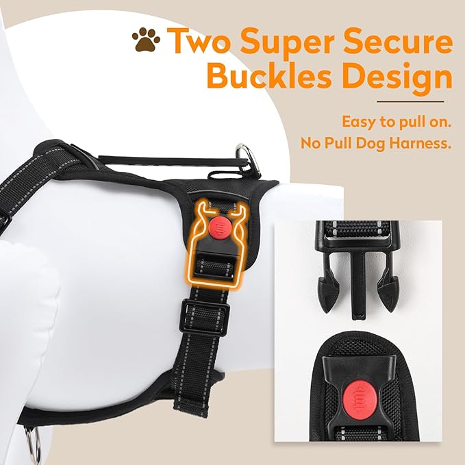 No Pull Dog Harness with 2 Leash Clips, Reflective Adjustable Soft Padded Vest with Handle, Breathable Oxford No Choke Pet Vest for Medium Sized Dogs, Black,M