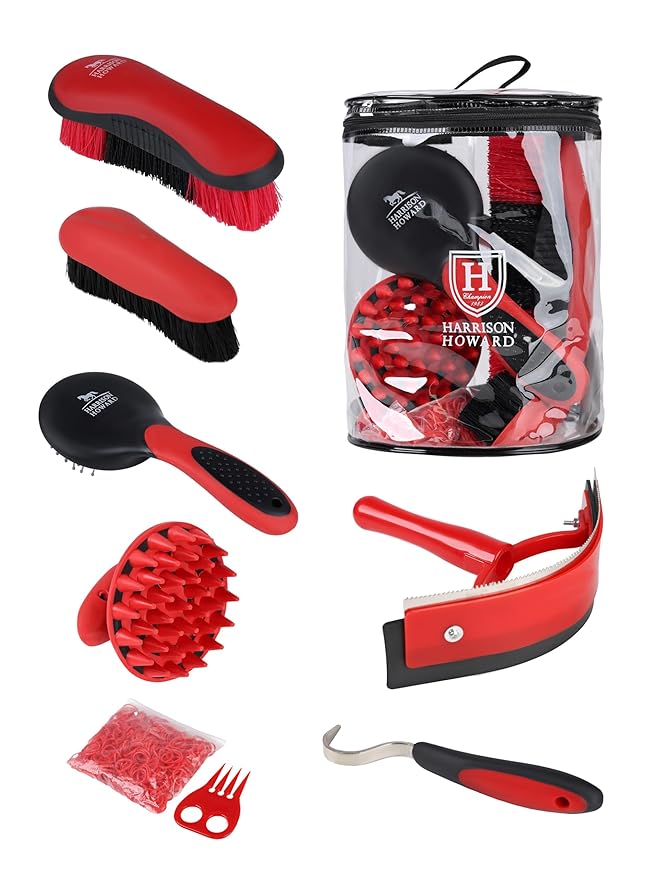 Harrison Howard 7 Pieces Horse Grooming Kit Horse Bathing Supplies Brushes for Grooming with Convenient Organizer Tote Red