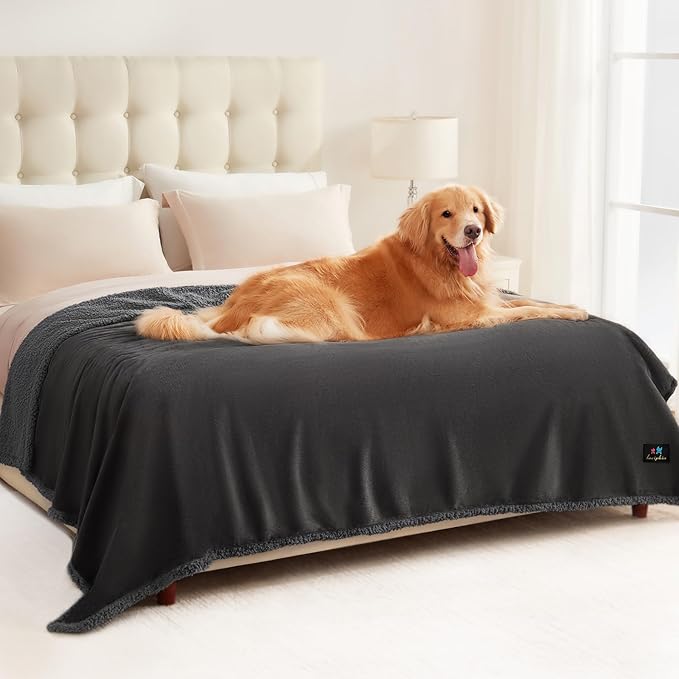 Luciphia Waterproof Bed Blanket Washable, Soft Sherpa Fleece Puppy Reversible Throw Blankets for Medium Large Dog Cat, Furniture Cover Protector Couch Bed from Liquid Pee and Pet Fur, Grey,85" x 57"