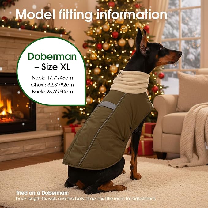 ASENKU Dog Coat, Dog Winter Jackets with Fleece Turtleneck, Windproof, Reflective Pet Snow Jacket for Cold Weather, Coats for Large Size Dogs Army Green, XXL