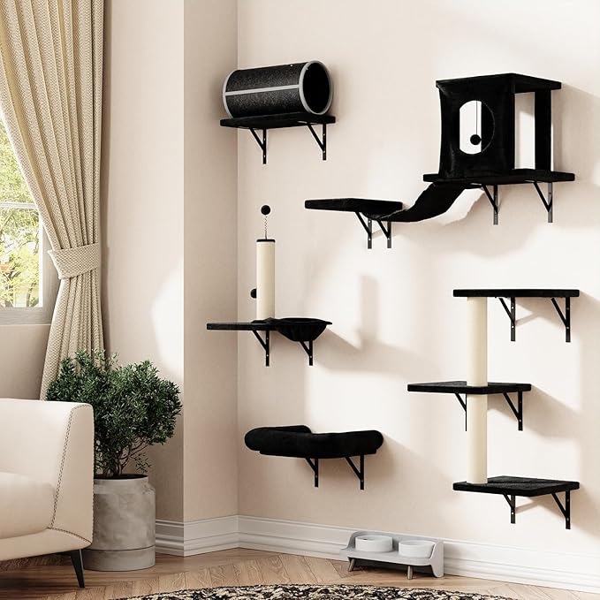 7-in-1 Wall Mounted Cat Climber Set, Cat Furniture with House, Tunnel, Bridge, Steps, Scratcher, Hammock, Shelves for Indoor, Black