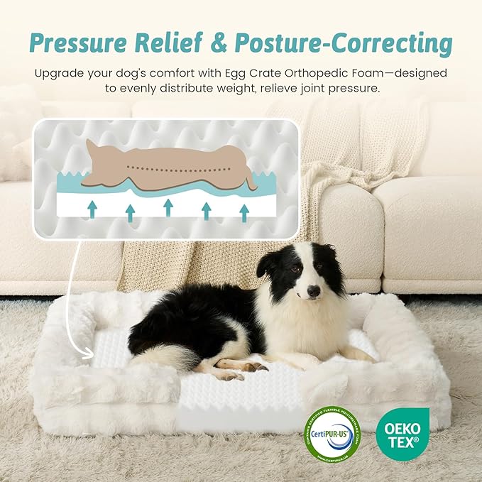 Faux Fur Orthopedic Dog Bed, XL Pet Couch for Extra Large Dog, Big Supportive Foam Bolster Sofa with Waterproof Lining Cover, Anti-Slip, Soft, Warm, C-Shaped, 48x35x8 inch, Beige