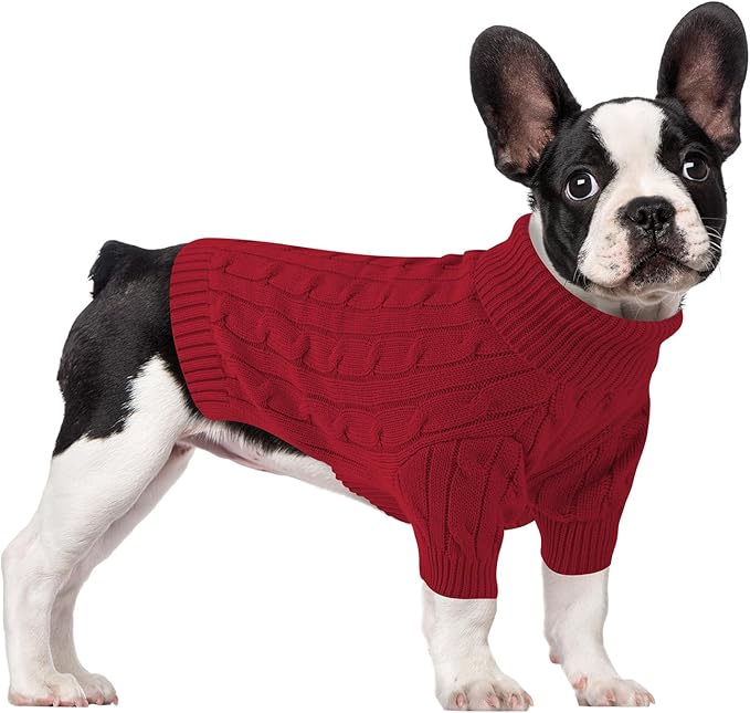 Small Dog Thermal Pullover Sweater, Classic Turtleneck Cable Knitwear Dog Clothes for Cold Weather Warm Pet Clothes for Chihuahua, Bulldog, Dachshund, Pug Red XX-Large