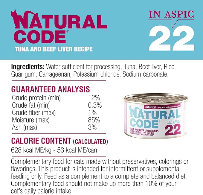 Natural Code Limited Ingredient Wet Cat Food Topper, High Protein, Low Fat, Additive-Free, Non-GMO, No Artificial Colors or Flavors, Tuna and Beef Liver in Aspic for Adult Cats, 24 Pack of 3oz Cans